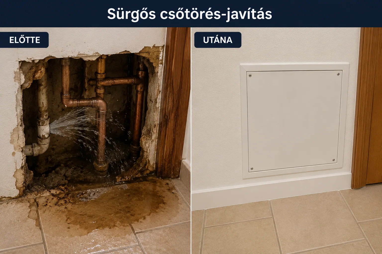 Sürgős csőtörés-javítás — előtte és utána